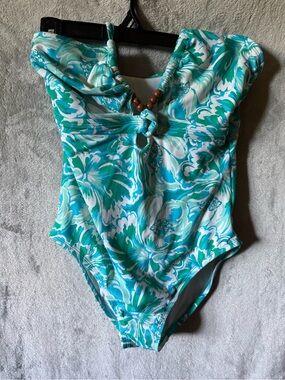 Time and Tru Turquoise, Teal and White Floral One-Piece Swimsuit